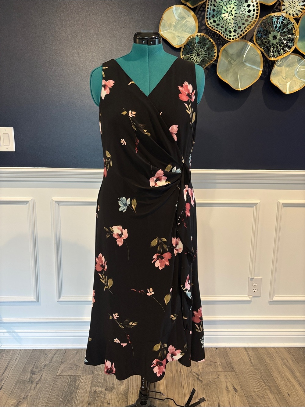 Ralph Lauren Black Floral Midi Dress Pink Flowers Sleeveless Draped Size 16